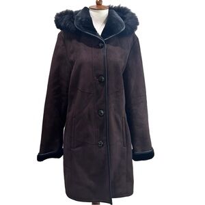 Vintage Brown Black Faux Suede Fur Hooded Winter Coat EUC Long Women’s Jacket